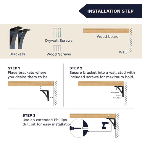 Installation steps for Rock Solid Heavy Duty Natural Steel L Brackets For Wall Shelving And Bar Countertops with tools.