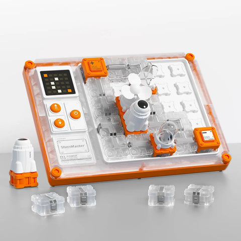 Ultimate STEM Electronics Kit for Kids: 500+ Circuit Projects, Safe Kid Friendly Parts, QR Guided Step by Step Guides, RGB Lights, Fan, Music, and Bonus Projection for Ages 5 and Up, clear plastic circuit board with components