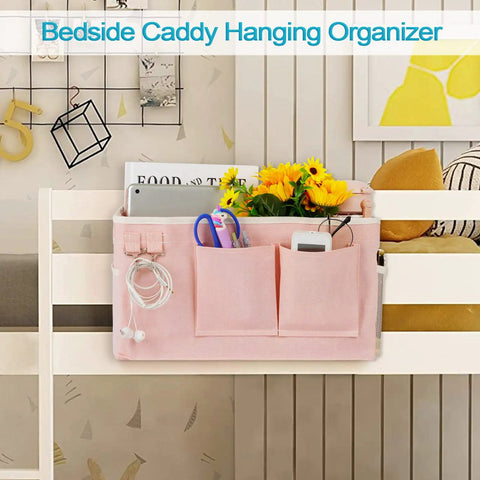 Bedside Caddy Organizer For Dorm Beds And Hospital Rails, Hanging Bed Storage Bag with Pockets in light pink with items inside