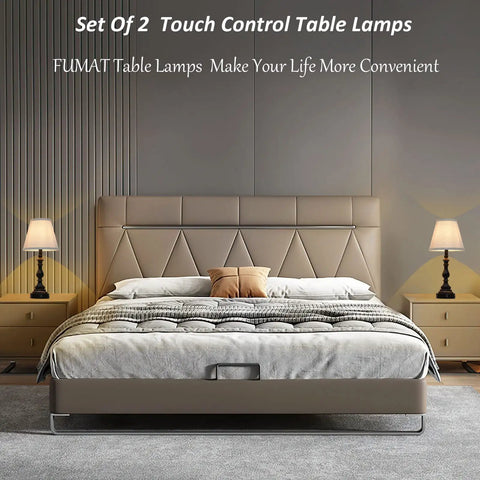 Sleek Black Table Lamps Set of 2 beside a bed, touch control nightstand lamps with 3-way dimmable LED, fabric shade.