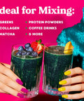 Two hands holding glasses filled with green drinks, with text listing ideal ingredients like greens, protein powders, coffee, and matcha.