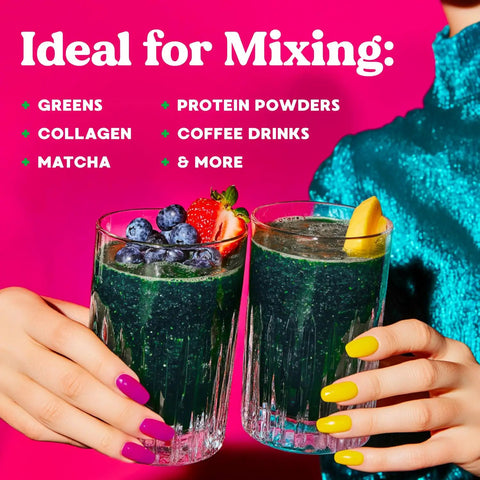 Two hands holding glasses filled with green drinks, with text listing ideal ingredients like greens, protein powders, coffee, and matcha.