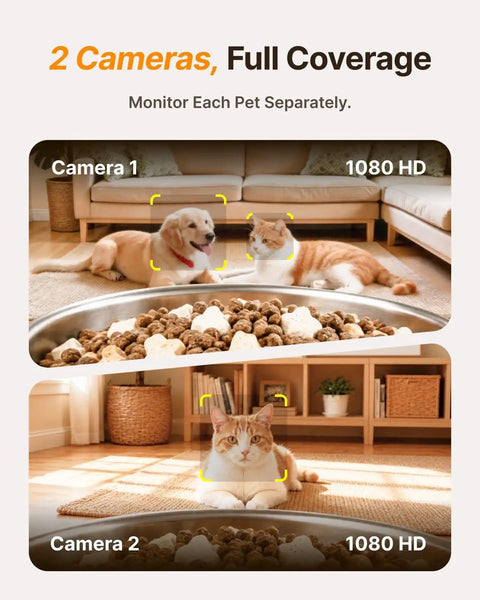 Top Shelf Dual Camera Automatic Pet Feeder With Two Separated Bowls And Six Liter Hopper For Independent Cats And Dogs Smart Programmable Timer - Two camera views showing pets eating.