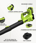 Cordless Leaf Blower 21V Power with Two 4.0Ah Batteries and Fast Charger, six speed settings, lightweight electric blower kit.