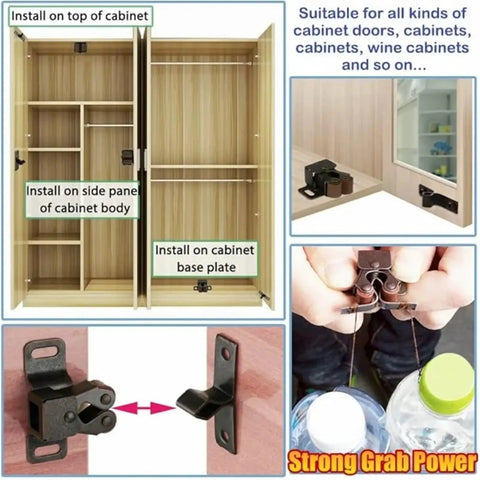 Dual Wheel Roller Catch Set 50 Pieces Stainless Steel Door Latch Lock Press Type Wardrobe Buckles Antique Bronze Finish in use