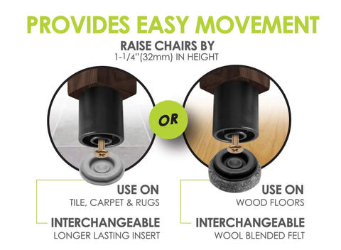 8 Pack Screw On Furniture Risers With Plastic And Felt Glides elevate chairs and tables by 1-1/4 to 1-1/2 inches, floor protectors