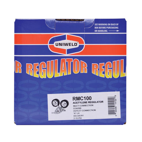 Front view of blue Uniweld RMC100 acetylene regulator box with CGA200 inlet and A outlet