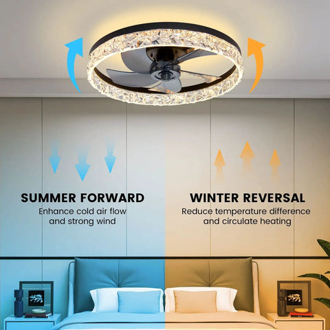 20 Inch Black Ceiling Fan With Light Remote Dimmable Enclosed Bladeless Design Cool Smart App Control for bedroom, seasonal mode display