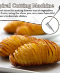 GYHZ 2-in-1 stainless steel vegetable spiral cutter; two spiral-cut potatoes on plates.
