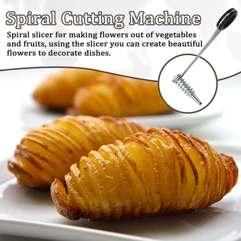 GYHZ 2-in-1 stainless steel vegetable spiral cutter; two spiral-cut potatoes on plates.
