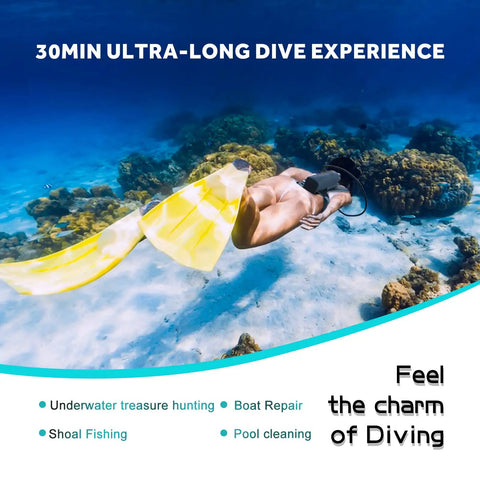 Diver using Mini Scuba Tank 1.9L Portable Lung Tank for underwater exploration, highlighted by vibrant coral and clear water.