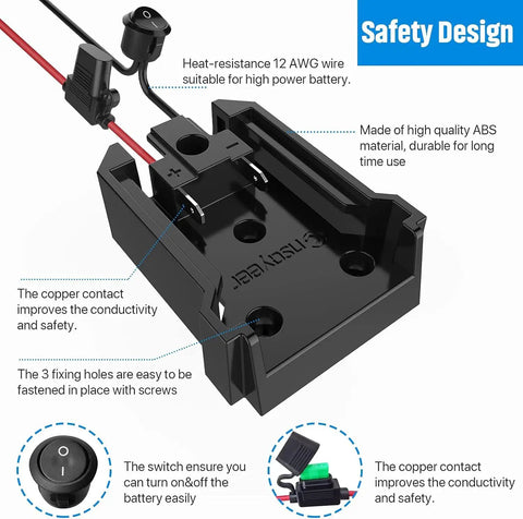 Secure Battery Adapter With Fuse And Switch For 18V Milwaukee Batteries Heavy Duty 12 Gauge Wire Power Converter