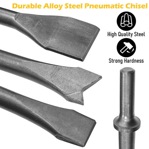 Close-up view of 9 chisel bits from Beefy 10 Piece Air Hammer Bits Set With Spring Retainer For Tile Masonry Concrete Stone Demolition