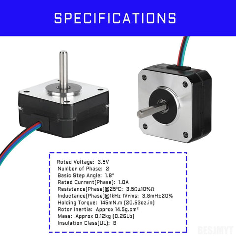Three BESJMYT Nema 17 stepper motors, high-torque 145mN·m, 4-lead bipolar, for 3D printers/CNC (front and side views).