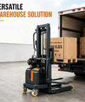 CNFKF Electric Pallet Stacker With Telescopic Fork lifting cargo from truck, showcasing heavy-duty hydraulic lift and cart design.