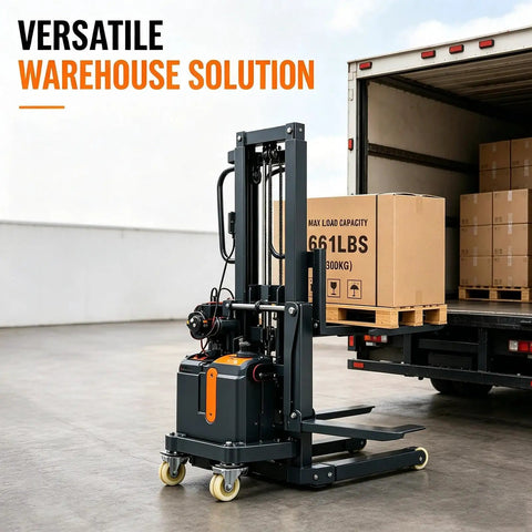CNFKF Electric Pallet Stacker With Telescopic Fork lifting cargo from truck, showcasing heavy-duty hydraulic lift and cart design.