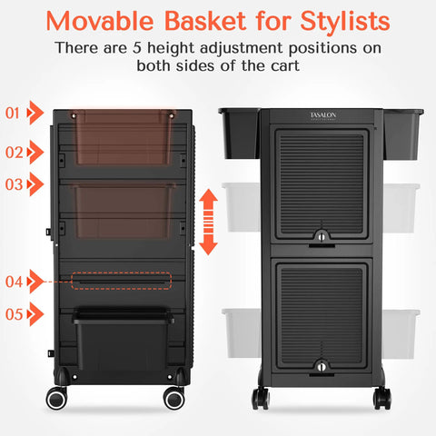 Front and side view of Six Drawer Rolling Salon Cart With Lockable Wheels 360 Degree Swivel Adjustable Divider Storage For Tools