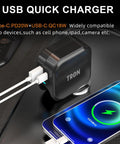 Game Changer 36W Fast Charger With Straight Up Dual Usb C And Universal Usb A Ports For Phones Tablets And Earbuds Compact Wall Car Adapter plugged into a surface with charging cables connected to a phone.