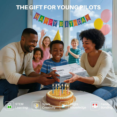 Child receiving Rescue RC Helicopter for Beginners as a birthday gift, surrounded by smiling family, cake with candles in foreground.