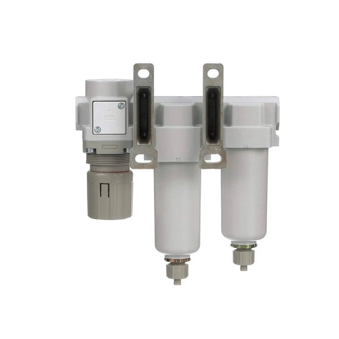 Three Stage Industrial Air Drying System With Particulate Filter, Coalescing Filter, And Regulator, Three Eighth Inch NPT, Metal Bowl With Sight Glass, Manual Drain, And Gauge For 0 To 150 PSI Operation, 17 SCFM At 90 PSI