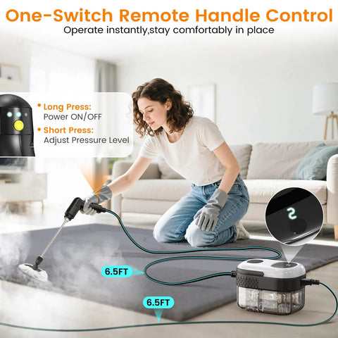 Powerful Handheld Steam Cleaner With 2500W Motor And 3 Bar Pressure Cuts Right Through Grease And Dust with remote handle control.