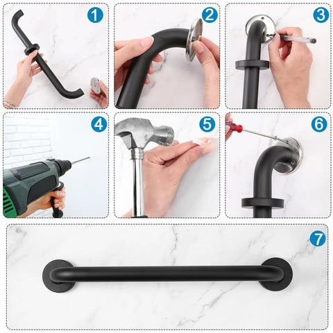 Installation steps for Tough As Nails 4 Pack Bathroom Grab Bars In Satin Black 20 Inch Long 304 Stainless Steel Safety Rails.