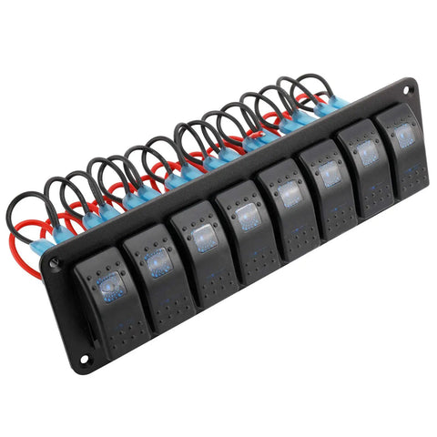 12-24V Beefy Boat Switch Panel Illuminated Aluminum Prewired Dash Panel 2 3 4 5 6 8 Gang Toggle Switches With 5 Pin On Off And 2 LED Backlit IP65 Marine Car Truck Utility shown from angle with wiring visible