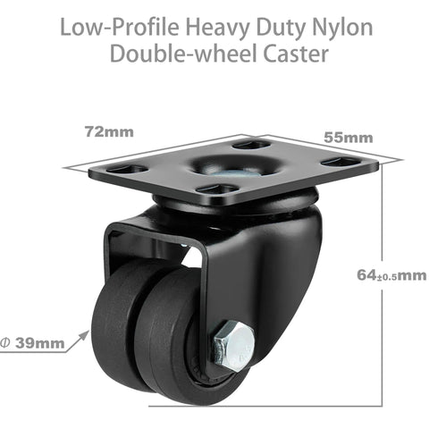 Heavy Duty Swivel Caster Wheels Set Of Four, 1.5 Inch Double Nylon Rollers Built Like A Tank For Beds And Workbenches, Smooth As Butter Gliding Plate Casters Holding 2200 Lbs, Rock Solid Black Kit dimensions with 72mm plate.