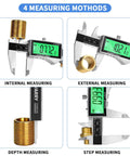 Rechargeable Digital Caliper With USB Type C, Large Backlit LCD Display, 6 Inch Stainless Steel Vernier Caliper showing internal, external, depth, and step measuring methods