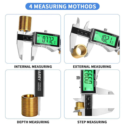 Rechargeable Digital Caliper With USB Type C, Large Backlit LCD Display, 6 Inch Stainless Steel Vernier Caliper showing internal, external, depth, and step measuring methods