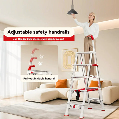 Heavy Duty A Frame Telescoping Extension Ladder With Safety Lock Four Point Four Foot Foldable Aluminum Ladder Five Step Stool That Holds Up To 600 Pounds For Home Projects And Everyday DIY in living room