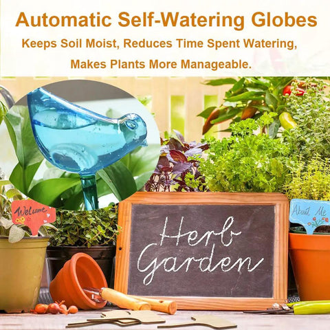 10 Piece Self Watering Bulbs Set For Indoor And Outdoor Plants in a garden setting with herbs and foliage.