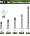 No 8 Truss Head Self Drilling Screws Kit With White Heads shown in 5 sizes from 1/2 to 2 inches, for DIY projects and quick fixes.