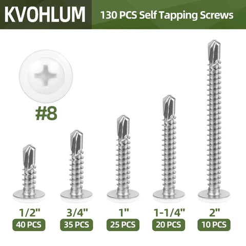 No 8 Truss Head Self Drilling Screws Kit With White Heads shown in 5 sizes from 1/2 to 2 inches, for DIY projects and quick fixes.