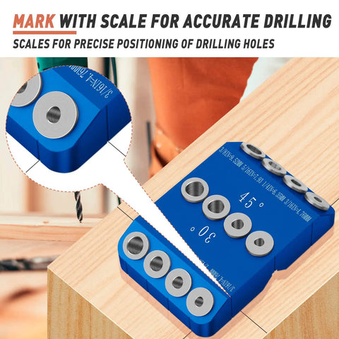 Angled Drill Guide Jig For Cable Railing And Deck Posts With 30 45 90 Degree Holes, All Metal Build, Blue with scale for drilling