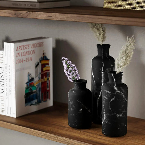 Black Marble Look Vase Set With Dope Matte Resin Finish on shelf with pampas grass and dried flowers, modern home decor.