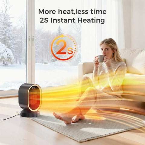 Woman enjoying warmth from Indoor Space Heater 1500W Ceramic PTC With Thermostat And 24Hour Timer in cozy living room