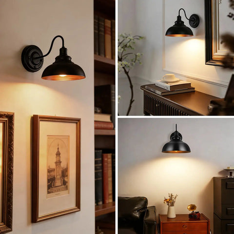 Industrial Black Wall Sconce With Dimmable Gooseneck Lighting And On Off Dimmer Switch illuminating a living room setting.