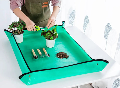Mini Garden Tool Kit For Houseplants And Bonsai, 5Pcs Repotting Mats And Pruning Shears Set with succulents on a green mat