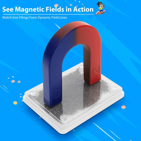 Magnet Set For Kids With Bar Magnets, Horseshoe Magnets, U Shaped Magnets, Iron Filings, And Compass, STEM Educational Toys showing U-shaped magnet and iron filings