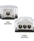Beefy 3 Way Car Amplifier Power Distribution Block With 0 Gauge In And 3X 4 Gauge Out Nickel Plated Internals Ground Distributor For Auto Audio System Heavy Duty 2 Pack, input and output view