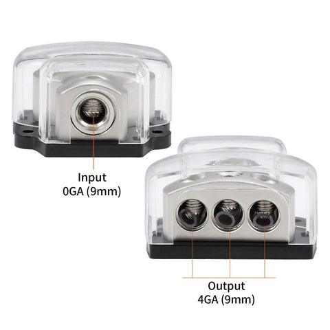 Beefy 3 Way Car Amplifier Power Distribution Block With 0 Gauge In And 3X 4 Gauge Out Nickel Plated Internals Ground Distributor For Auto Audio System Heavy Duty 2 Pack, input and output view