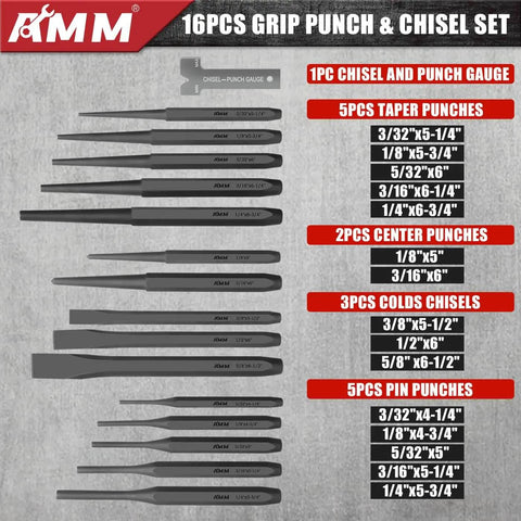 16-piece grip punch and chisel set featuring taper punches, center punches, cold chisels, pin punches with sizes listed on a chart.