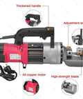 Heavy Duty Electric Hydraulic Rebar Cutter For Construction Sites Cuts 4 To 25mm Reinforcing Steel Bars Fast In Under Four Seconds with thickened handle and adjustment screw.