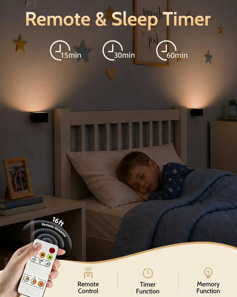 Cordless Rechargeable Wall Sconces With Remote, Magnetic Led Bedside Lamp In Sleek Black, mounted next to sleeping child.