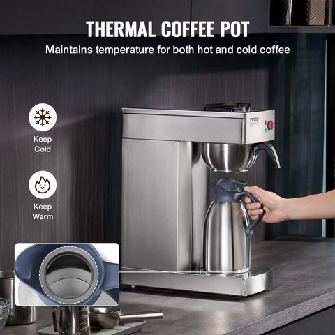 12 Cup Commercial Drip Coffee Maker With Thermal Vacuum Carafe Keeps Coffee Hot Or Cold All Day No Fuss For Restaurant Office Cafe Stainless Steel Brewer That Brews A Full Pot In About 9 Minutes