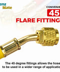 Close-up of brass 1/4-inch flare fitting on yellow refrigerant charging hose