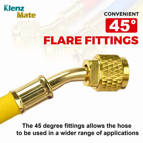 Close-up of brass 1/4-inch flare fitting on yellow refrigerant charging hose