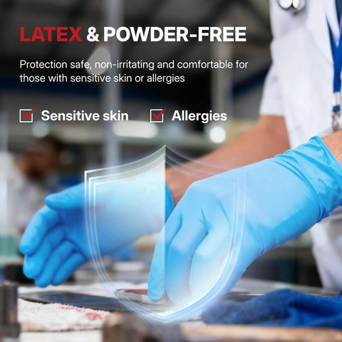 Heavy Duty 6 Mil Blue Nitrile Work Gloves With Rock Solid Textured Grip For Mechanics And Auto Shops, Powder Latex Free Tear Resistant Daily Grind Hand Armor, 100 Pack Xx Large, close-up of hands wearing blue gloves.