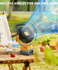 Cordless 5 Inch Job Site Fan with Brushless Motor on a picnic table, showcasing 180-degree rotation and USB fast charging.